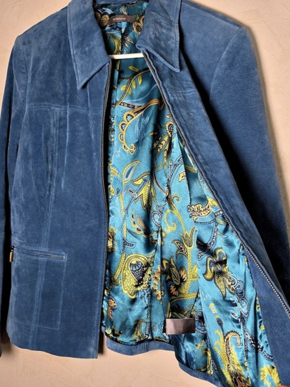 Suede Leather Blue Vintage Liz Claiborne Paisley Lined Jacket Boho Womens 14